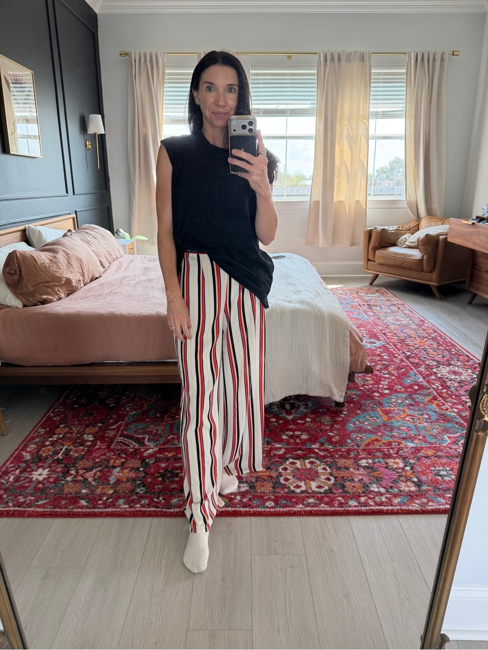 Akira Striped Wide-Leg Women’s Pants - White with Red & Black Stripes